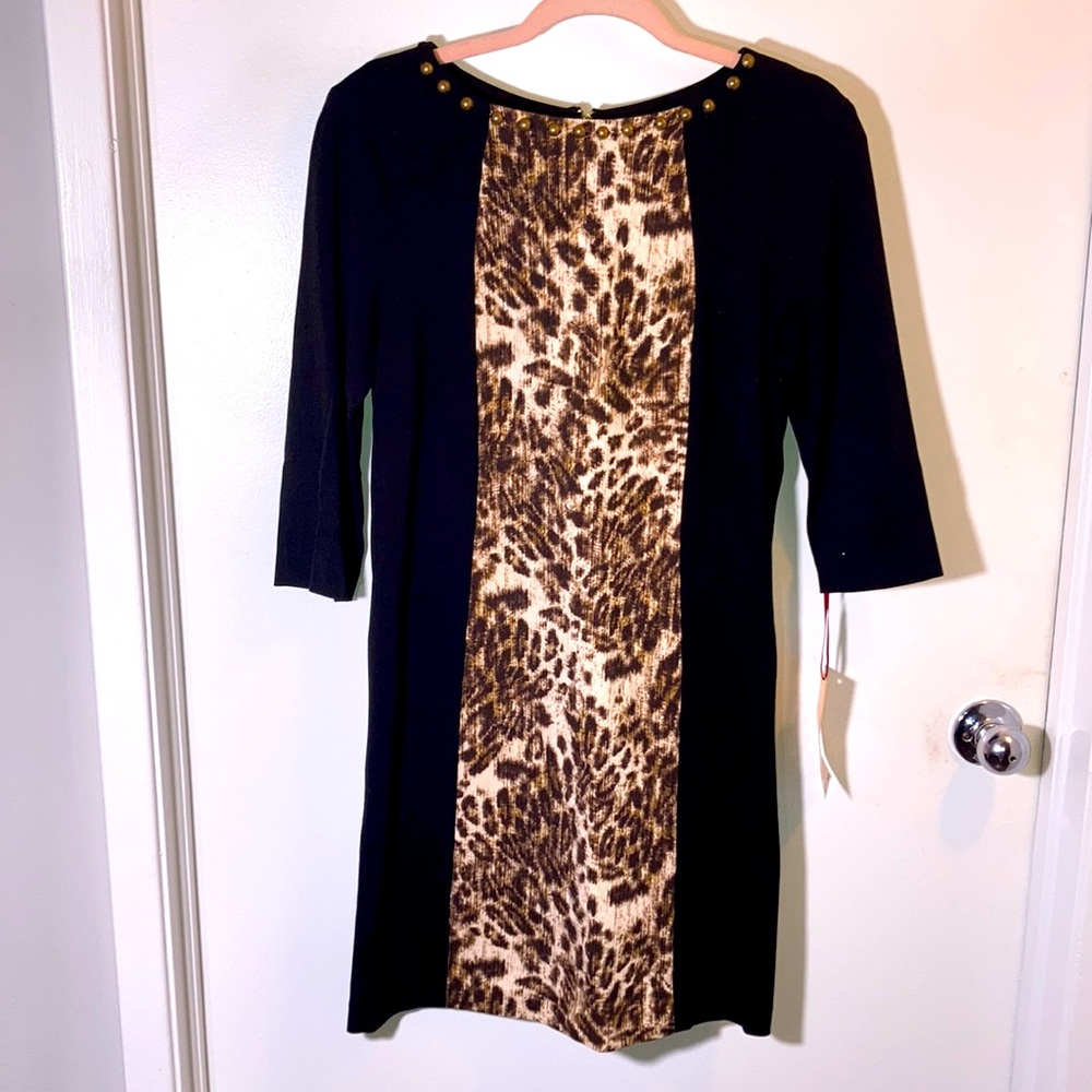Ruby Rd in Black & Leopard Mini Sheath Dress